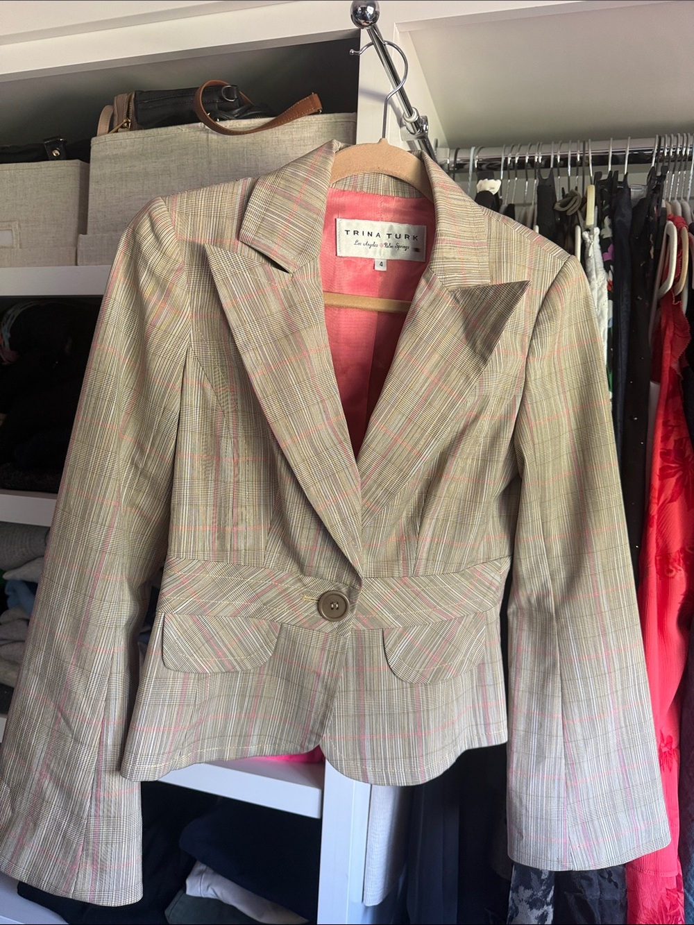 Trina Turk Tan Plaid Blazer with Pink Lining and Accents